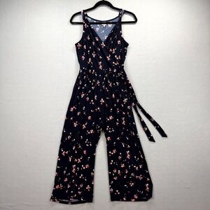Kayleigh One-Piece Jumpsuit Womens Medium Navy‎ Floral Stretch Faux Wrap V-Neck